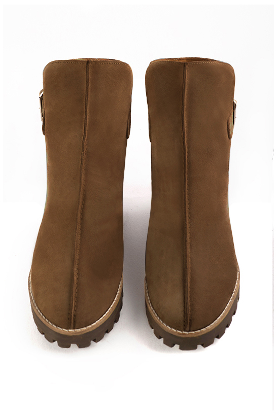 Caramel brown women's ankle boots with buckles at the back. Round toe. Low rubber soles. Top view - Florence KOOIJMAN